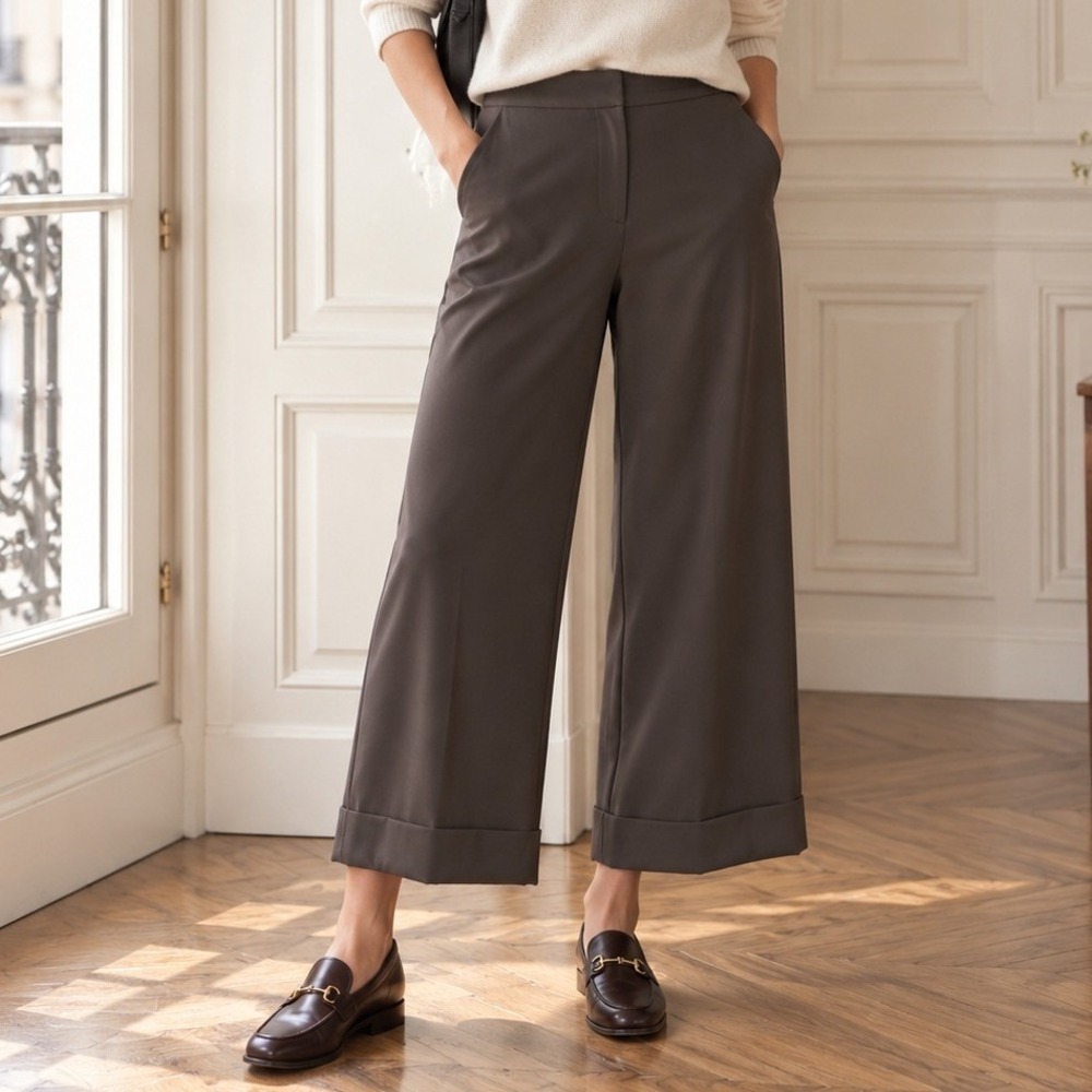 St. John Collection Wide Leg Cuffed Trouser Pants Dark Taupe Brown Size 4